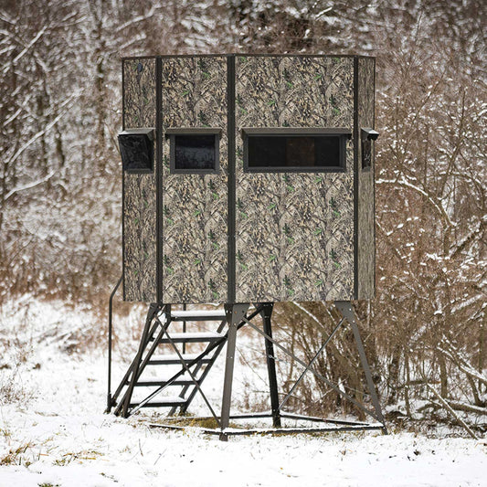 G74R: Texas Hunter Wrangler Rifle Octagon Shaped Camo Aluminum 5' x 7' Deer Blind with 4' Tower and Full Door, Stairs and Handrails
