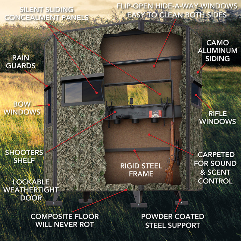 G74R: Texas Hunter Wrangler Rifle Octagon Shaped Camo Aluminum 5' x 7' Deer Blind with 4' Tower and Full Door, Stairs and Handrails